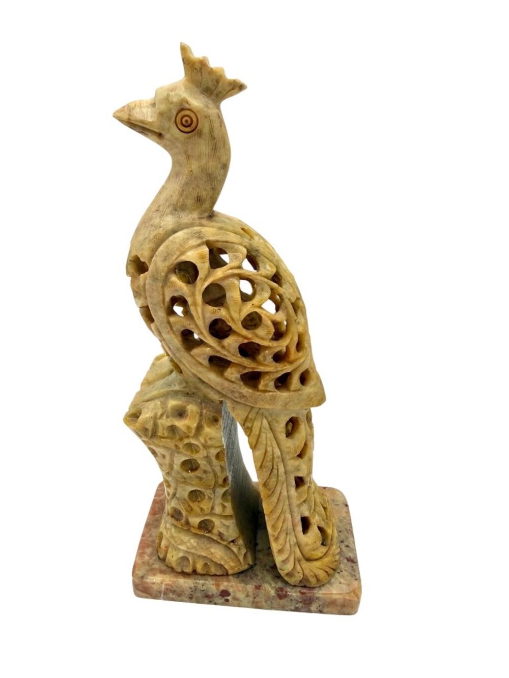 HAND CARVED SOAPSTONE PEACOCK MOM & BABY INSIDE SCULPTURE ON MARBLE BASE